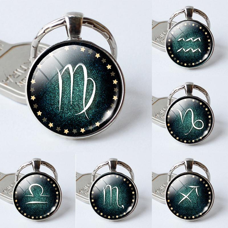 

Keychains DIY WOMEN MEN 12 Constellation Leo Virgo Libra Scorpio Keychain Glass Cabochon Pendant Zodiac Sign Key Chain Rings Bag