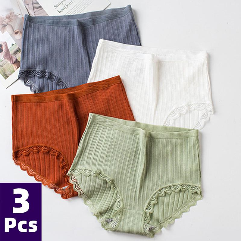 

3pcs Cotton Panties Comfotable Seamless High Waist Womens Solid Lace Briefs Underwear Sexy Plus Size Underpant, 3pcs style21
