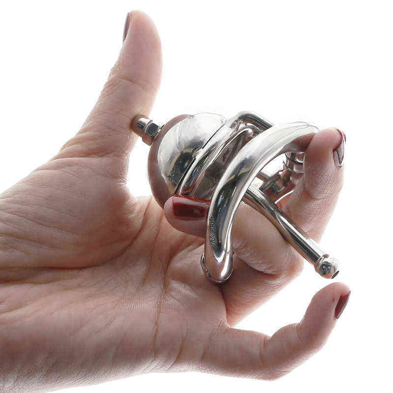 

NXY Chastity Devices Cage Cock Ring With catheter stainless steel ball stretch ring penis exercise scrotum stretcher sex toy For Men 220106