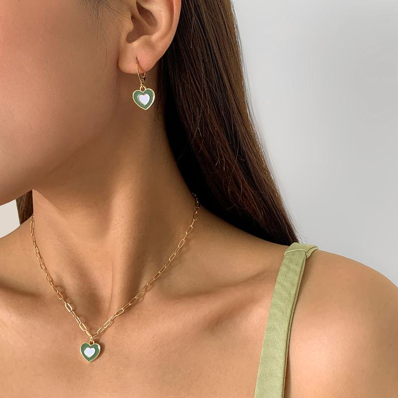

Earrings & Necklace IngeSight.Z Korean Elegant Rainbow Love Heart Pendant Necklaces Set Women Gold Color Choker Small Hoop JewelryEarrings, As pic