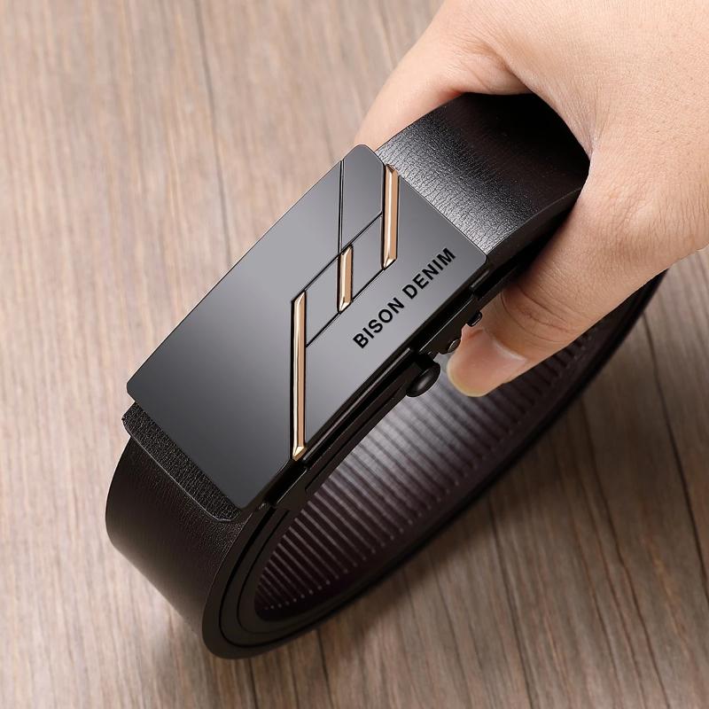 

Belts Bison Denim 2022 Cowhide Belt For Men Geuine Leather Alloy Automatic Buckle Brand Classic Luxury Business And Gift Box, Black