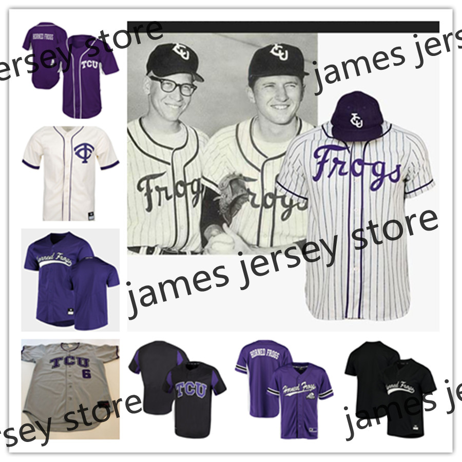 

2022 NCAA Custom TCU Horned Frogs Baseball Jersey 29 Augie Mihlbauer 31 Dalton Brown 15 Riley Cornelio 19 Harrison Beethe 41 Storm Hierholzer 26 Braxton Pearson, Purple 2