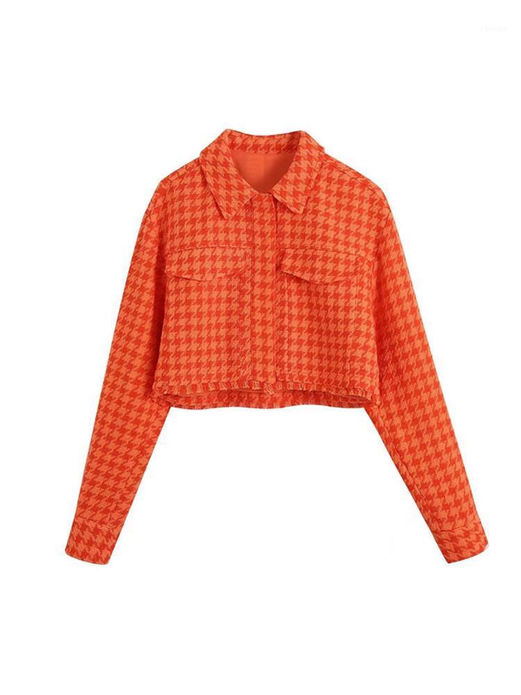 

Women's Jackets Zevity Women Vintage Houndstooth Print Leisure Short Orange Coat Ladies Double Pockets Patch Tweed Woolen Jacket Tops CT403, Bb p404