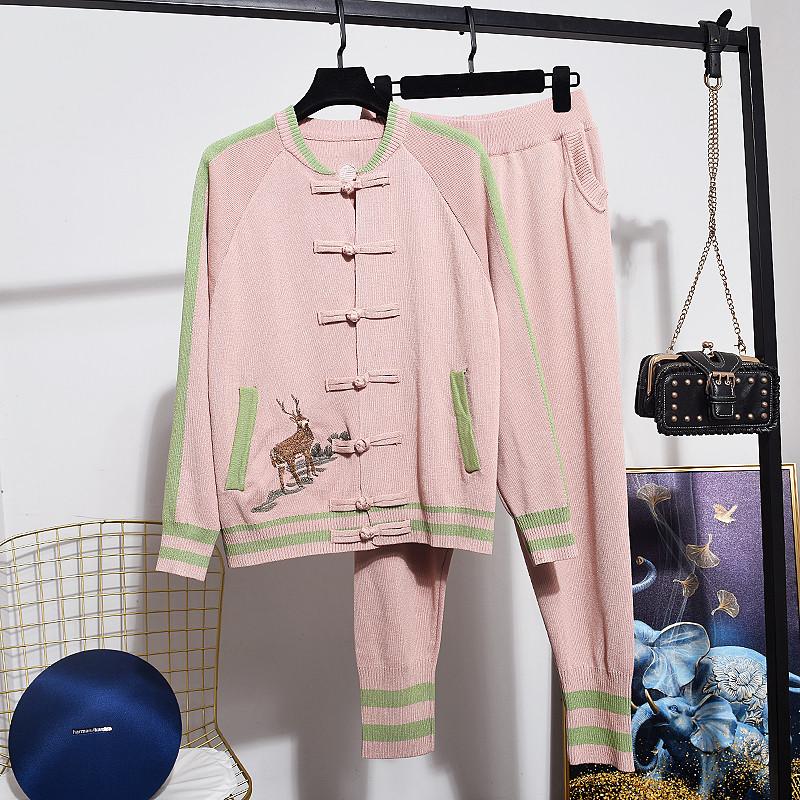 

Women' Two Piece Pants 2022Autumn Knit Sweater Women Set Double Breasted Tops Casual Ladies 2 Outfit Chinese Style Embroidery Chandal Mujer, Picture color