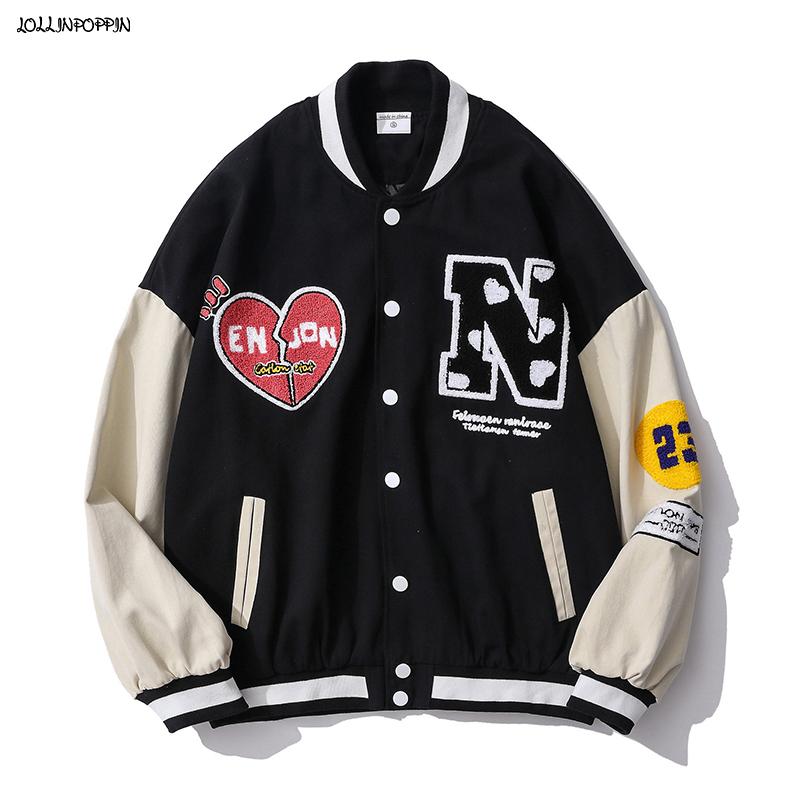 

Men's Jackets American Style Men Stand Collar Baseball Jacket Flocking Pattern 2022 Snap Buttons Single Breasted Drop Shoulder Loose Coat, Black;brown