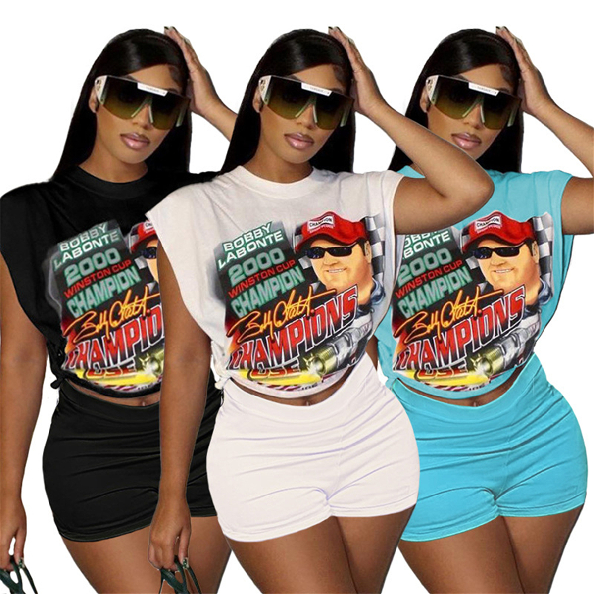 

Summer Graphic Print Casual Tracksuits For Womens Loose Sleeveless Hollow Out Bandage Tshirts And Slim Shorts 2 Piece Sets Q22Y8140, Black