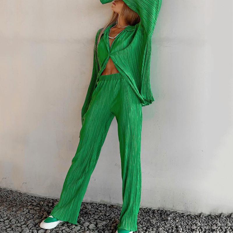 

Women' Two Piece Pants Tracksuit Autumn 2022 Long Sleeve Loose Pleated Wide Leg Two-piece Sexy Retro Casual Green Suit