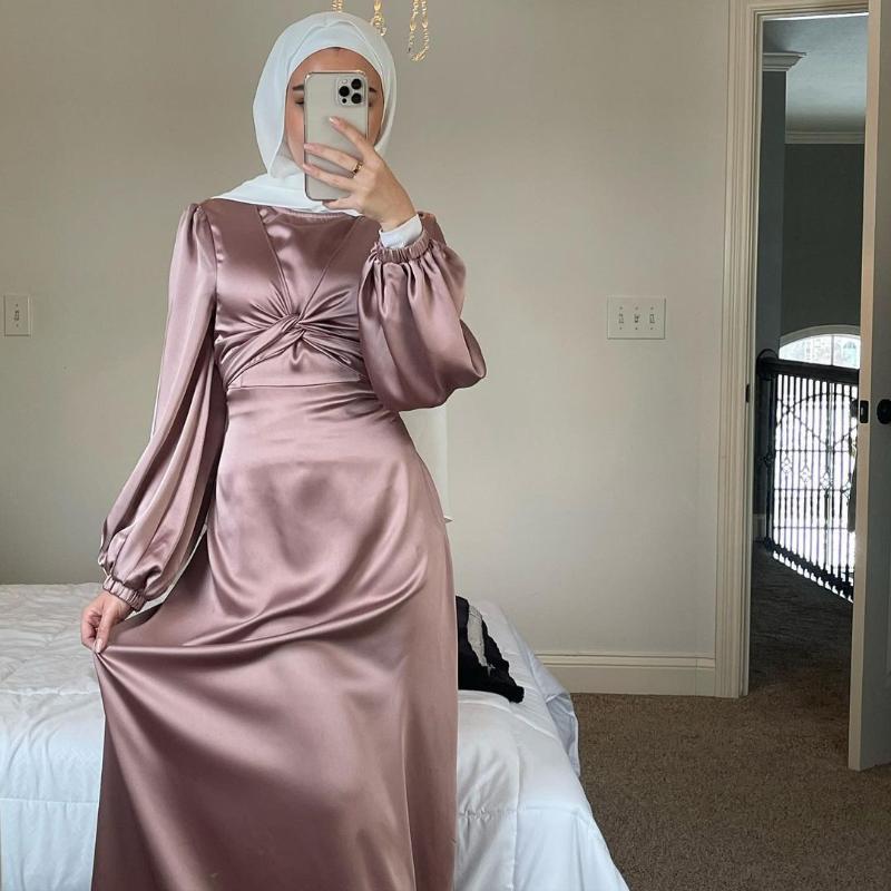 

Casual Dresses Eid Satin Abaya Muslim Long Dress Women Elegant Wrap Front Belted Hijab Modest Party Arabic Islam Turkey Abayas RamadanCasual, Dustypurple dress