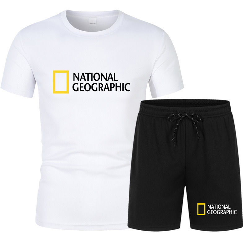 

National Geographic Color Printing Men s Sportswear Two piece Suit Fitness Uniform Short sleeved Blue T shirt Shorts 220615, Black h-bb