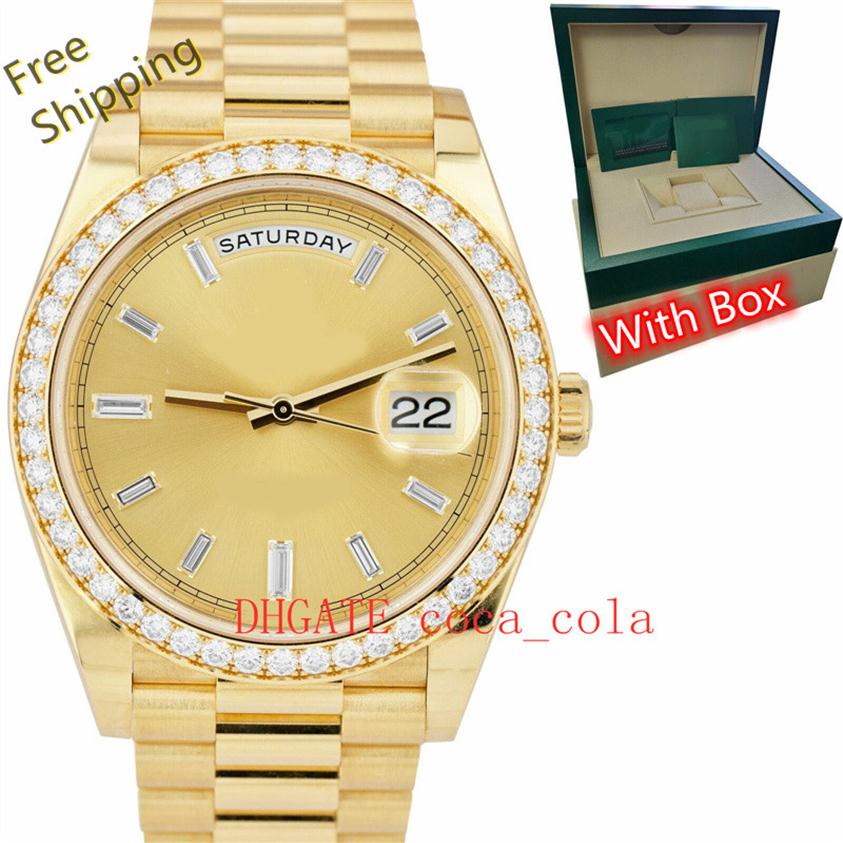 

With Box Papers Top Quality Watch BG Maker 40mm Day-Date Wristwatch President 18k Yellow Gold Diamond Champagne machinery Movement2511