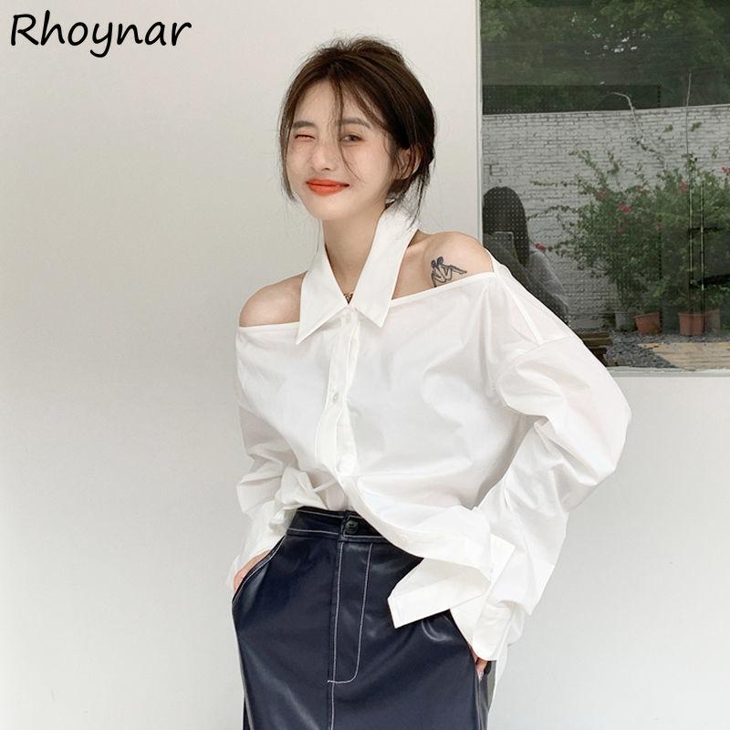 

Women' Blouses & Shirts Women White Fashion Korean Style Vintage Turn-down Collar Office Lady Hollow Out Sexy Off Shoulder Loose Street Ele