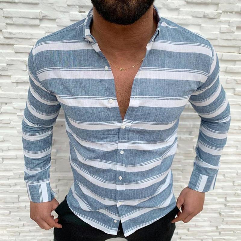 

Men's Casual Shirts Men Shirt Long Sleeve Lapel Soft Striped Print Slim Buttons Closure Autumn Loose Male Stylish Streetwear, Blue