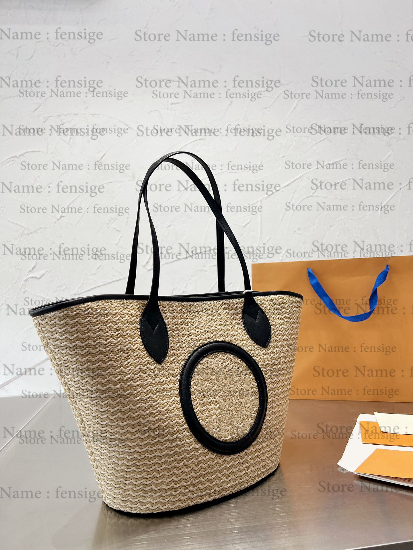 

M59963 M59808 Cabas Caramel Brown Straw Shoulder Bag Synthetic Knitted Raffia Designer Handbag With Pouch, #1