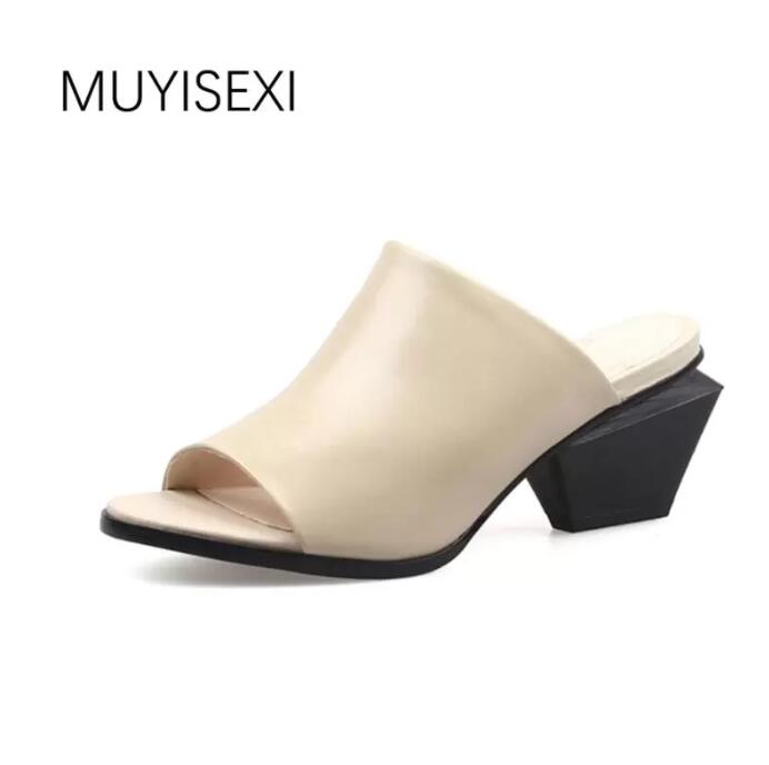 

Slippers Mules Women Real Leather Summer Peep Toe 5cm Strange Square Heel Outside White Black Khaki Plus Size HL34 MUYISEXI