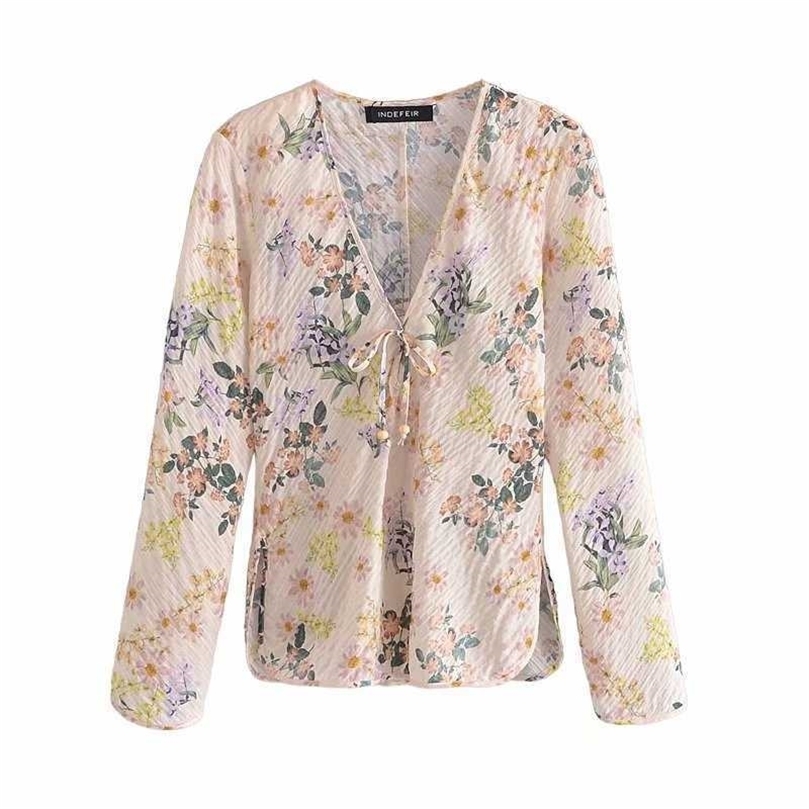 

Women Vintage Blouses V-neck with Drawstring Summer Elegant Floral Printed Shirt Chic Lady Slim Tops Woman blouses femme 210709, Flower printed