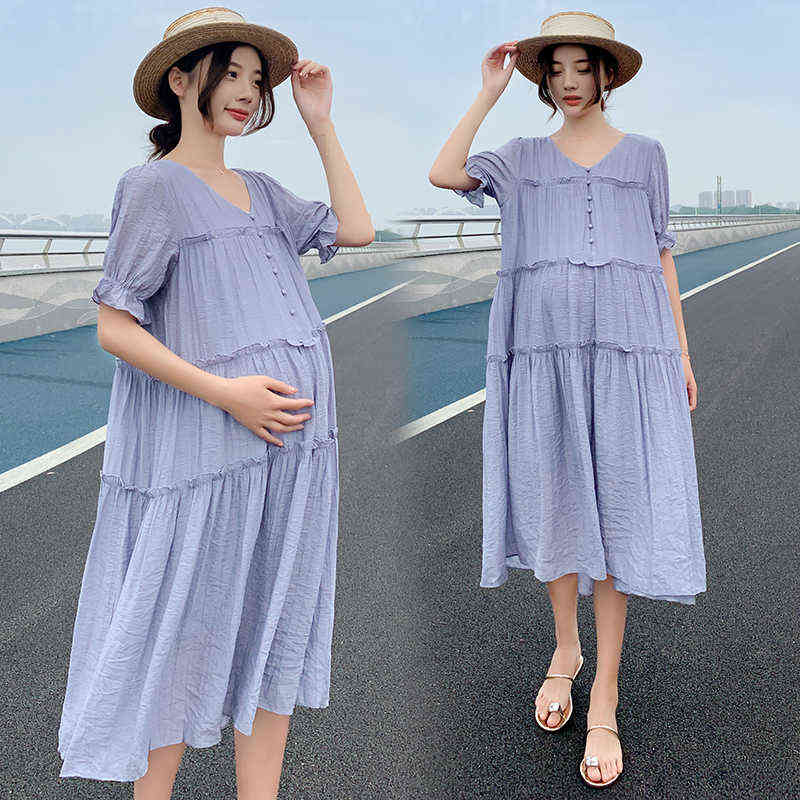

8277# Summer Korean Fashion Patchwork Maternity Straight Dress Sweet Lovely V neck Loose Clothes for Pregnant Women Pregnancy G220418, Blue