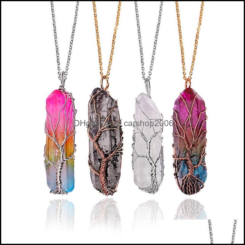 

Pendant Necklaces Pendants Jewelry Handmade Copper Wire Wrapped Tree Of Life Necklace Reiki Healing Electroplating Crystal Pillar Gem Ston