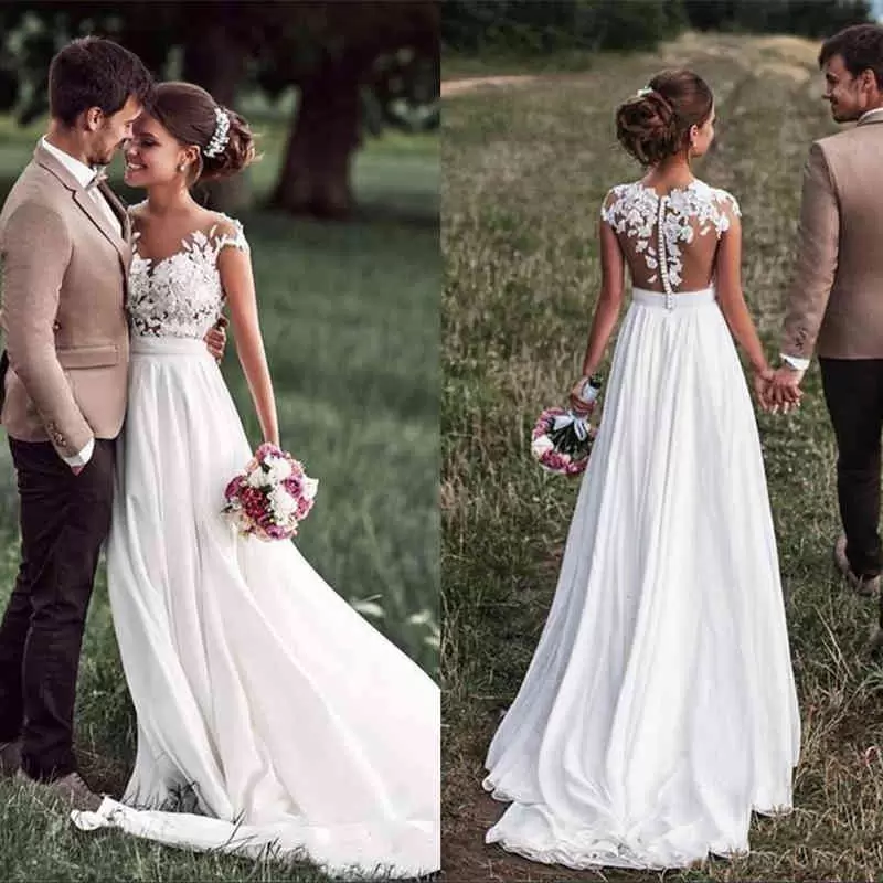 

2022 Gorgeous Boho Wedding Dresses Bridal Gown Lace Applique Chiffon Illusion Back Sweep Train Custom Made Plus Size Dubai Beach vestido de novia, Beige