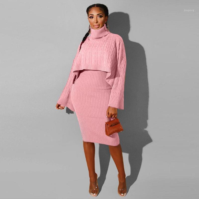 Two Piece Dress Sets Knitted Suit Women Turtleneck Cape Pullover Matching Spring Winter Plus Size Warm Tracksuit