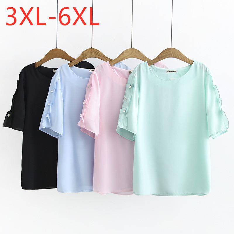

Women's Blouses & Shirts 2022 Summer Plus Size Tops For Women Large Blouse Short Sleeve Casual Loose Chiffon O Neck Shirt Green Pink 3XL, Black