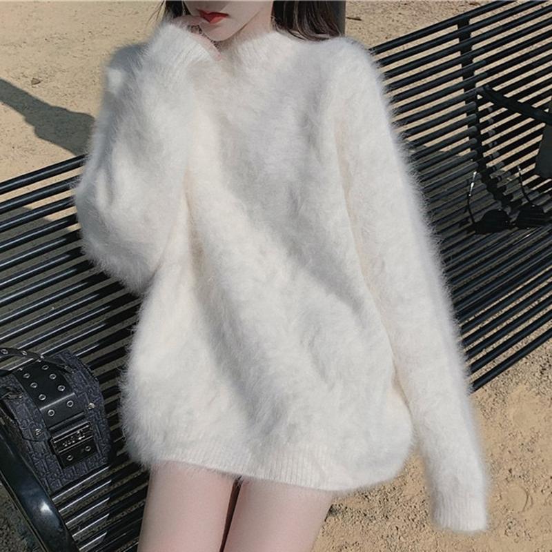 

Women's Sweaters Chic Fashion Women Mink Cashmere White Pullovers Lazy Autumn Winter Soft Warm Thick Mohair Knitted Plus Size Loose Sweater, White;black