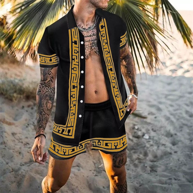 Hommes Ensembles Imprimer Patchwork Revers À Manches Courtes Chemise Décontractée Shorts De Plage D'été Streetwear Vacances Costumes Hawaïens Hom