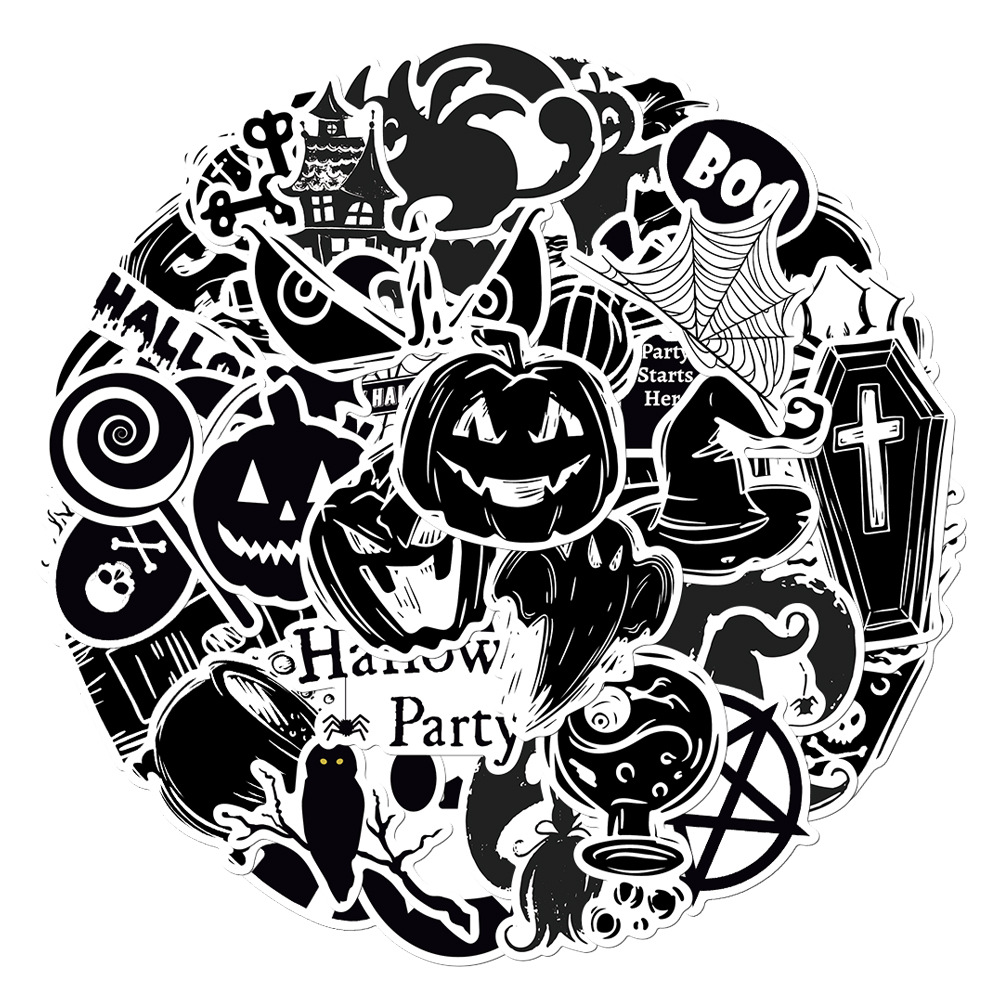 

50PCS Skateboard Stickers black white halloween For balance Car Helmet Pencil Case Diary Phone Laptop Planner Decoration Book Album Kids Toys Decals, Multi colors