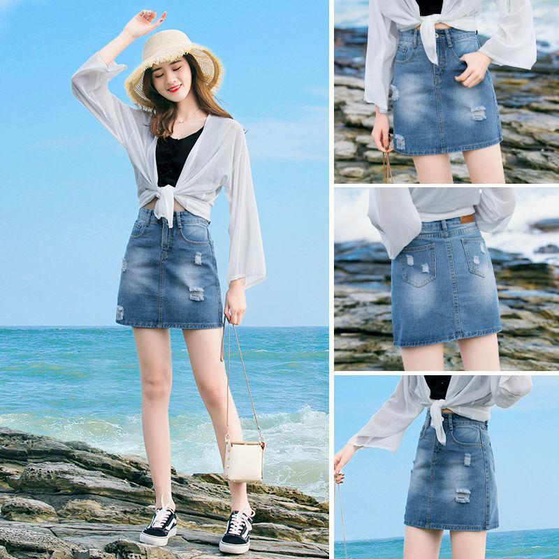 

Summer Women Clothing Denim Mini Students Skirts Scratched Washed Cowboy Solid Color One-step, Lt blue skirts