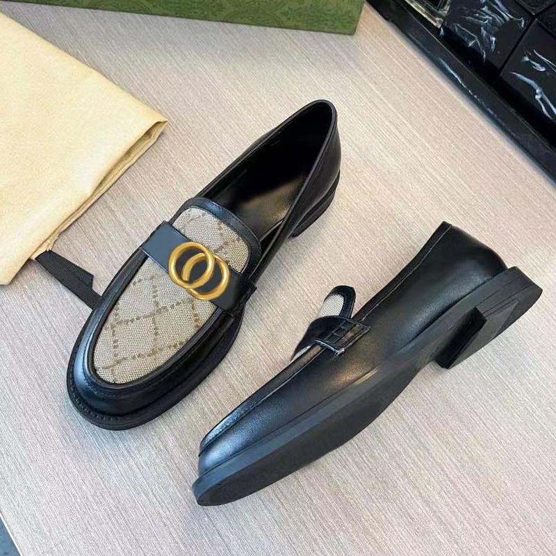 

Designer Casual Shoes Leather Metal Ladies Loafers Shoes Ladies Leather Sneakers Mules Princetown Trample Loafers Large Belt Box, Brown + black