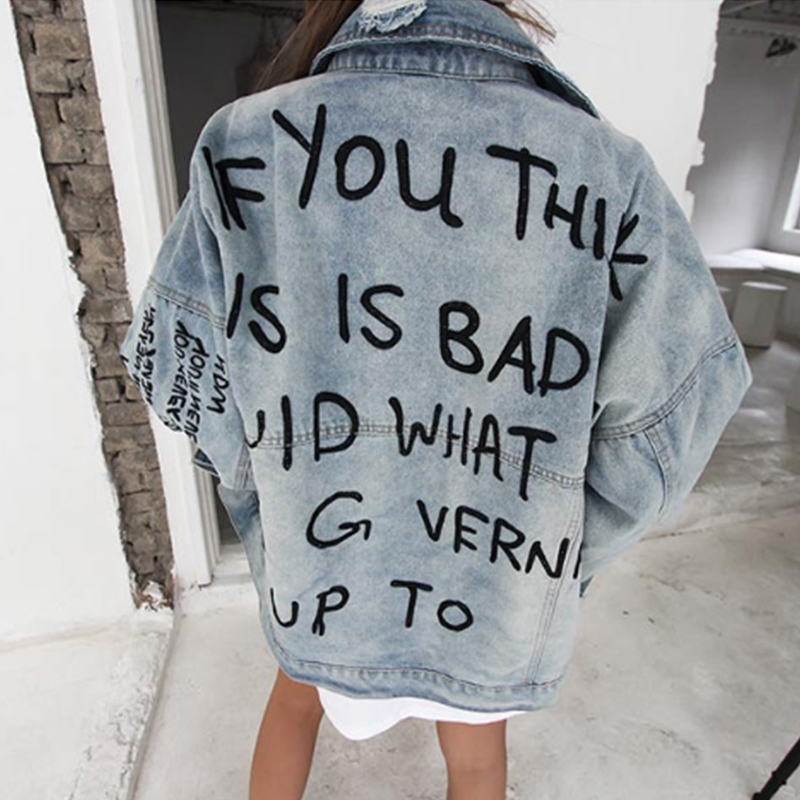 

Casual jacket embroidered letters, worn white loose denim jacket, Blue