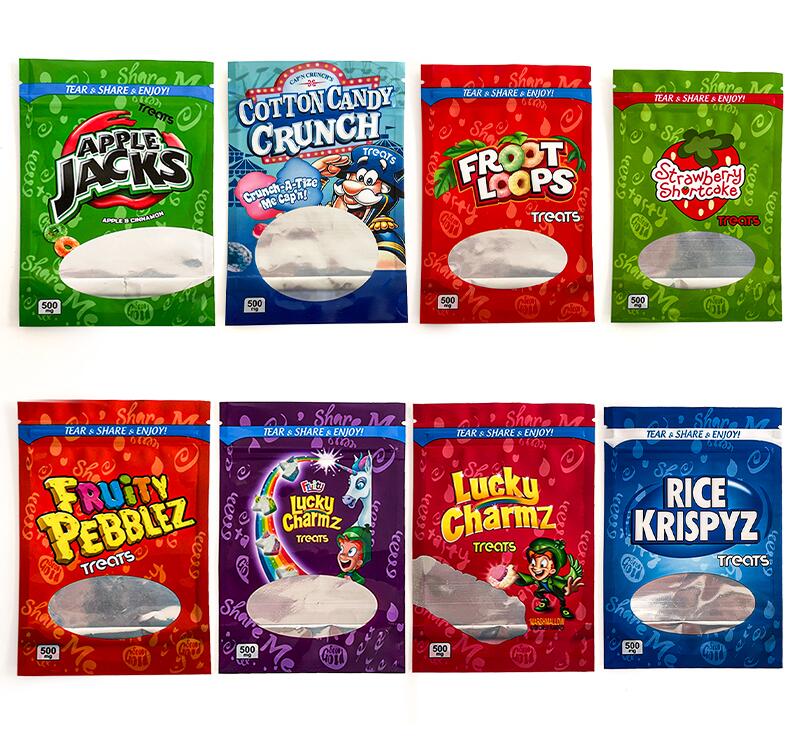 

500mg Mylar Bag Packaging Lucky Charmz Purple Fruity Pebblez Orange A Tize Me Cotton Candy Crunch Jacks Enjoy