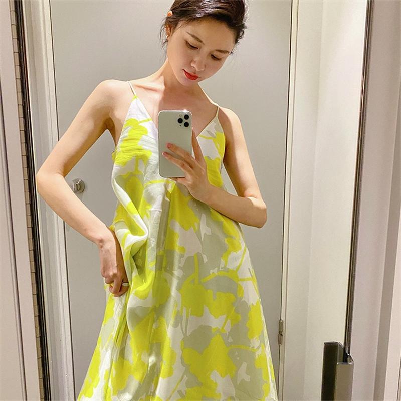 

Casual Dresses Pinkou Women Chic Print Midi Dress V Neck Spaghetti Straps A Line Beach Style Irregular Female Vestido QA613, As picture