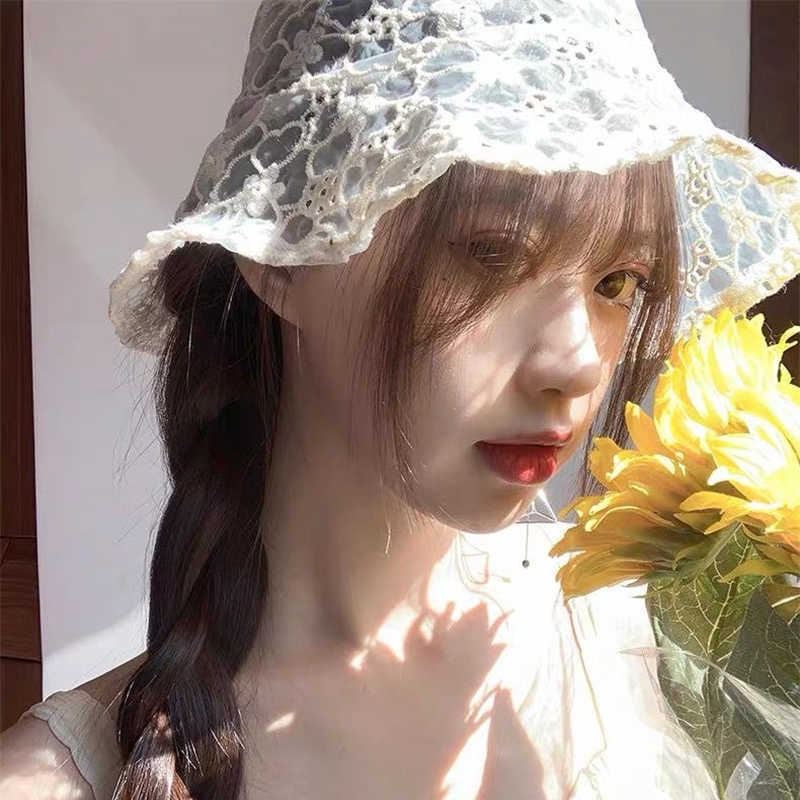 

Fashion Lace Cap for Women Soft Lace Flower Wide Brim Sun Hats Floppy Hollow Summer Fisherman Hats Ladies Bucket Hat, Blue