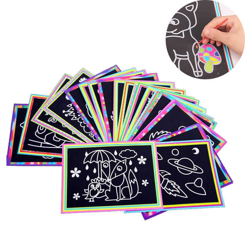 10 Pcs 13x 9.8cm Art Paper Colorful Magic Scraping Painting With Drawing Stick Party Games Crafts Kids Toy-image-763913043