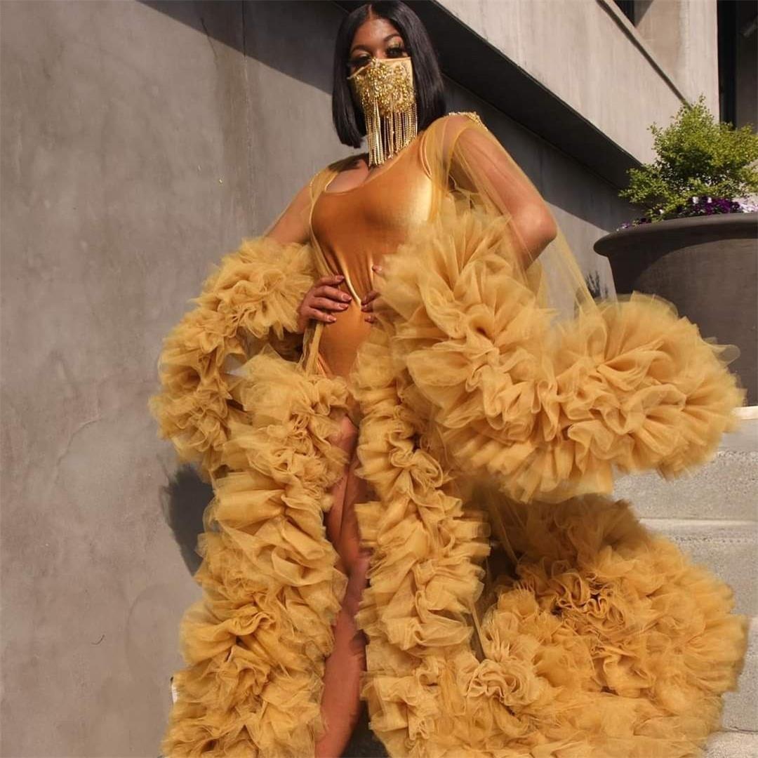 

Arabia Gold Prom Dresses for Women Sexy Bathrobe Gowns Tiered Ruffles Evening Photo Shoot Dress Party vestido de novia, Black