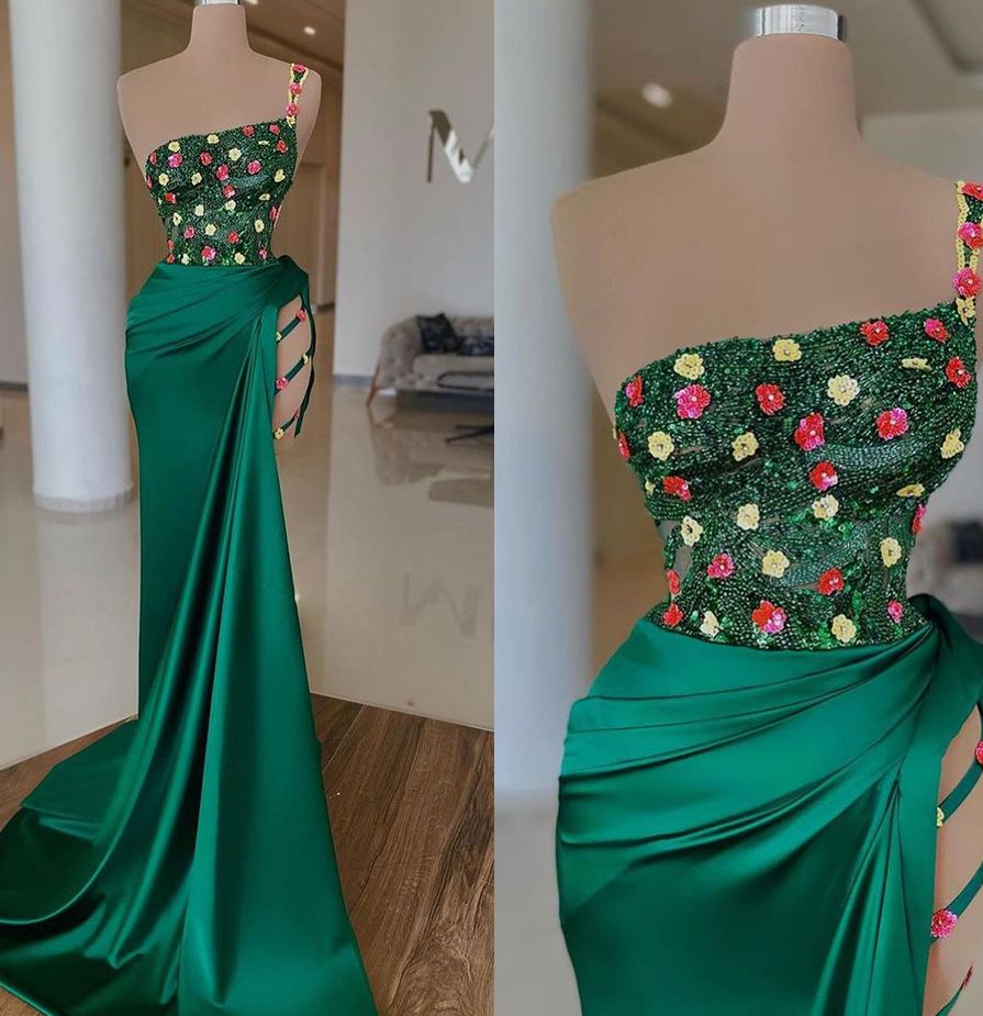Hunter Green Robes De Bal Exquises Fleurs À Paillettes Robe De Soirée Sans Manches Sur Mesure Côté Fendu Plis Femmes Formelle Robe De Soirée De C
