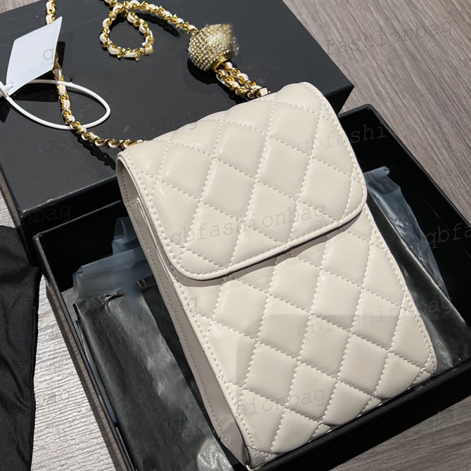 

2022Ss Diamond Gold Ball Flap Mobile Phone Crossbody Bag Lambskin Quilted Plaid Hardware Chain French Luxury Sac Coin Purses Designer Woman Handbag Wallet 11x17CM, Box