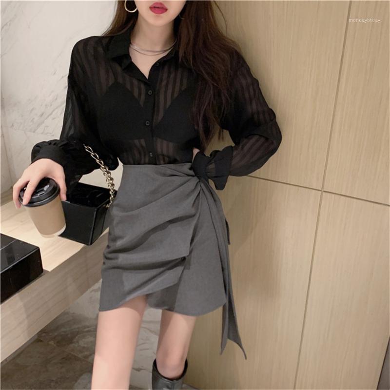 

Work Dresses Alien Kitty Women Casual Two Pieces Sets Black Loose Stripes Shirts 2022 Autumn Office Lady High Waist Chic Mini Skirts, Tops