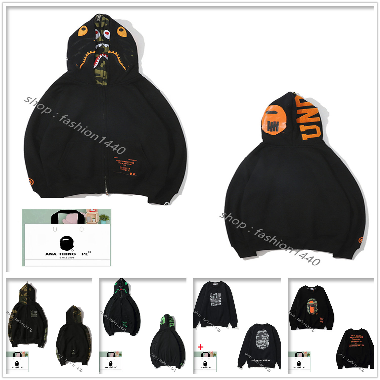 

apes Men Hoodies Undefeateding Sweatshirts Japanese fashion brand women's long sleeves shark head fake zipper starry night light high quality printing couple A02, 1pcs buttons