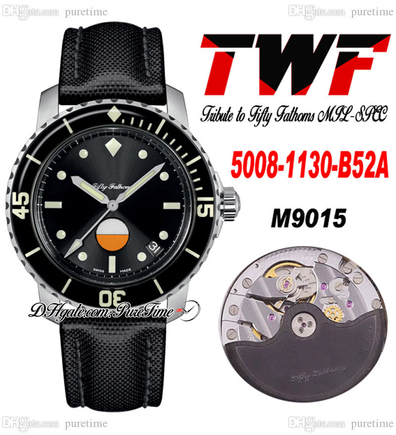 

TWF Tribute to Fifty Fathoms Miyota 9015 Automatic Mens Watch MIL-SPEC 5008-1130-B52A Steel Case Black Dial Sail-Canvas Strap Super Edition Puretime A1, Enhanced waterproofing service