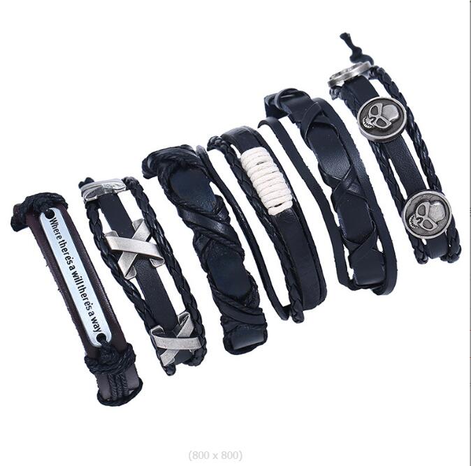 

fashion letter Skull Series Men woman cowhide Bracelet DIY Beaded Strands black Multiple shares Braid Combination suit Bracelet 6styles/1set