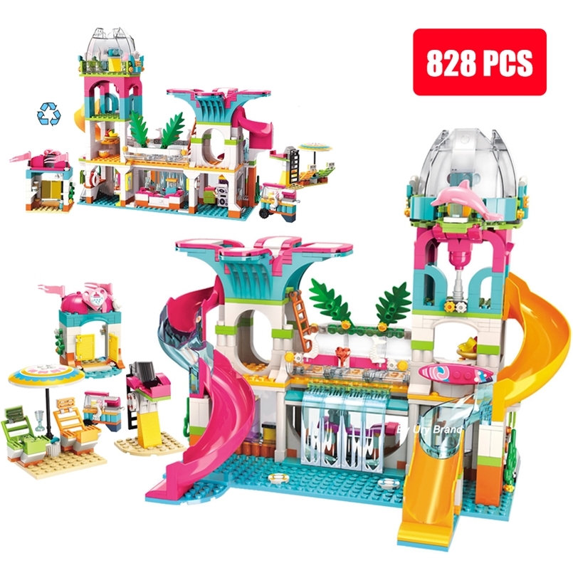 

Friends Modern Princess Beach Sunshine Paradise House Castle Sets Water Park Slide Dolls DIY Building Blocks Toys for Girls Gift 220715