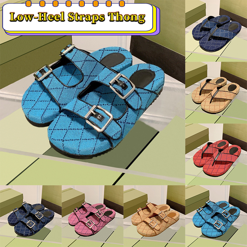 

with box Luxury Designer sandals Low-Heel Straps Thong Slide Sandals men women slippers black pink beige ebony canvas dark blue ivory summer slides beach flat shoes, Double box