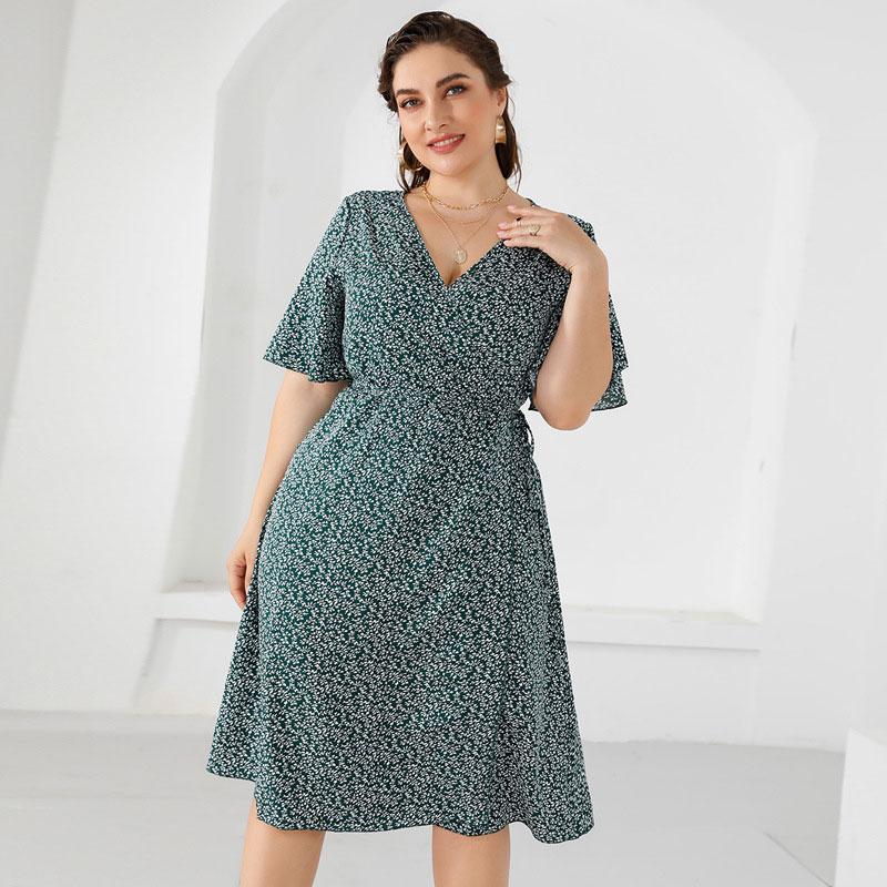 

Plus Size Dresses -5XL Summer Dress Women 2022 Female Casual Floral Sexy V Neck Flare Sleeve Midi Big ClothingPlus, Green