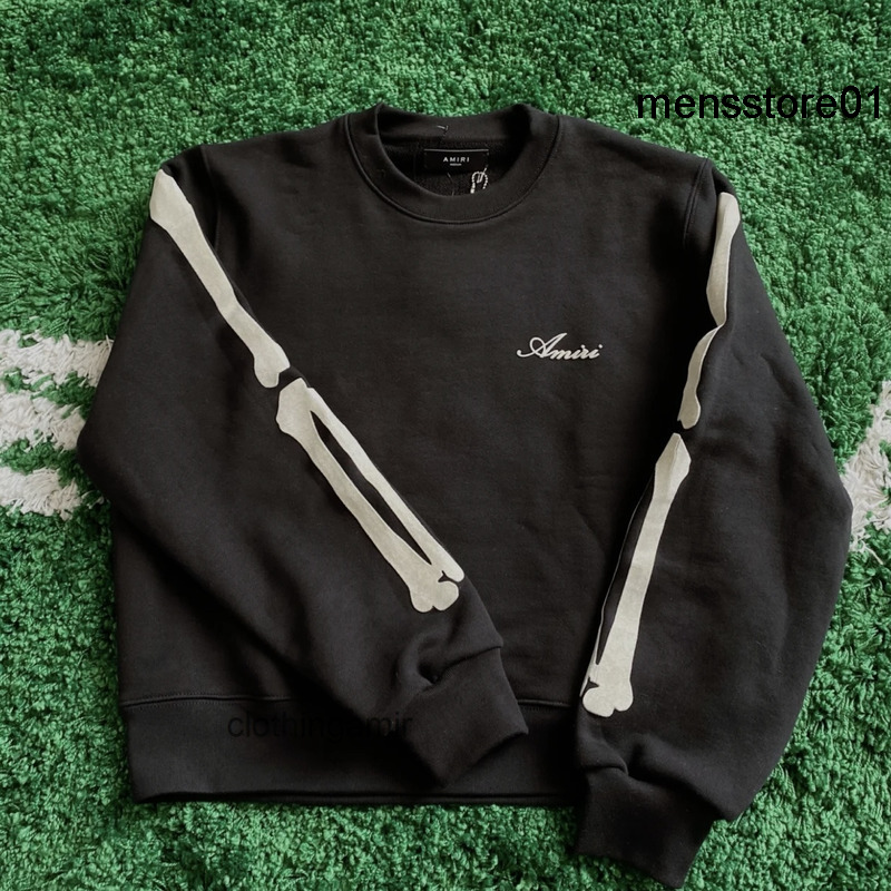 

Hoodies Amirs Designer Hooded Rock Two Sleeve Flocking Three-dimensional Cracked Bone Printed Sweater Vintage Crew Neck Top, Black