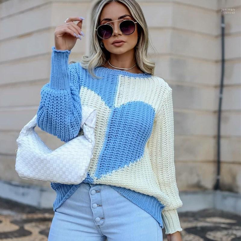 

Women' Sweaters Clothing 2022 Autumn Winter Thick Elegant Trumpet Sleeves Casual Love Contrast Color Knitted Pullover Sweater Tops Jemi22, Pink