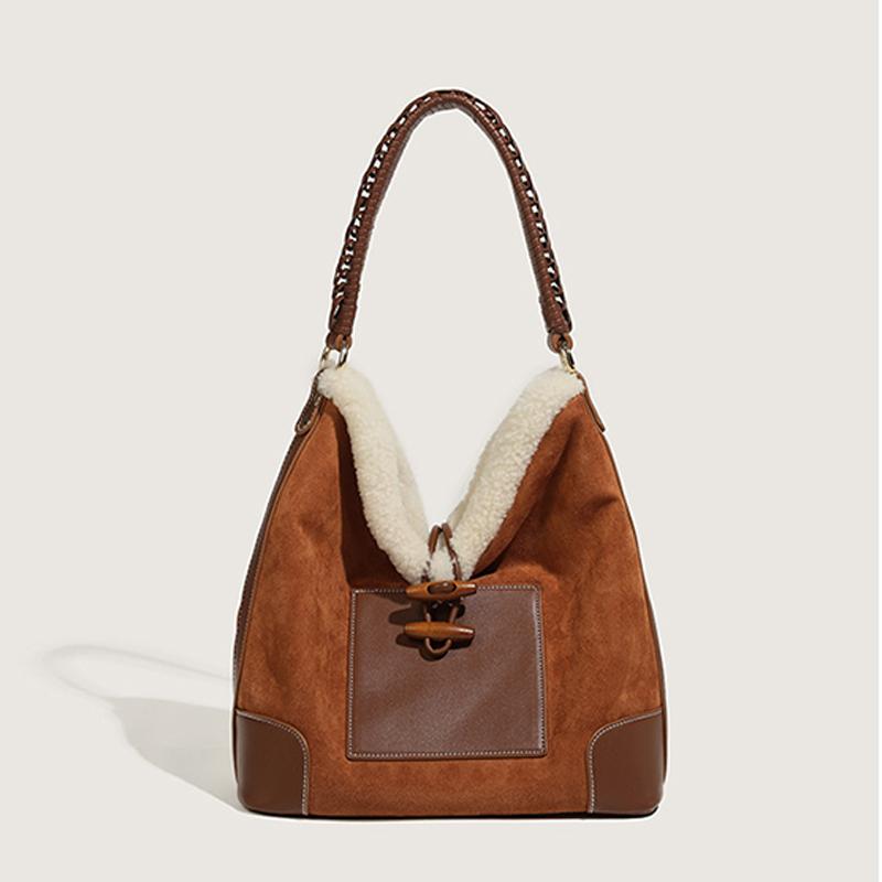 

Evening Bags Fashion Woven Strap Plush Women Shoulder Bag Scrub Pu Leather Splice Woman Handbags High Capacity Lady Hand For, Coffee
