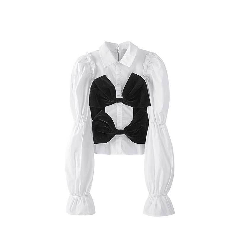 

Women' Blouses & Shirts Korean Version Of The Spring 2022 Personality Back Zipper Color Matching Design Big Bow Puff Sleeve Short Shirt Fem, White