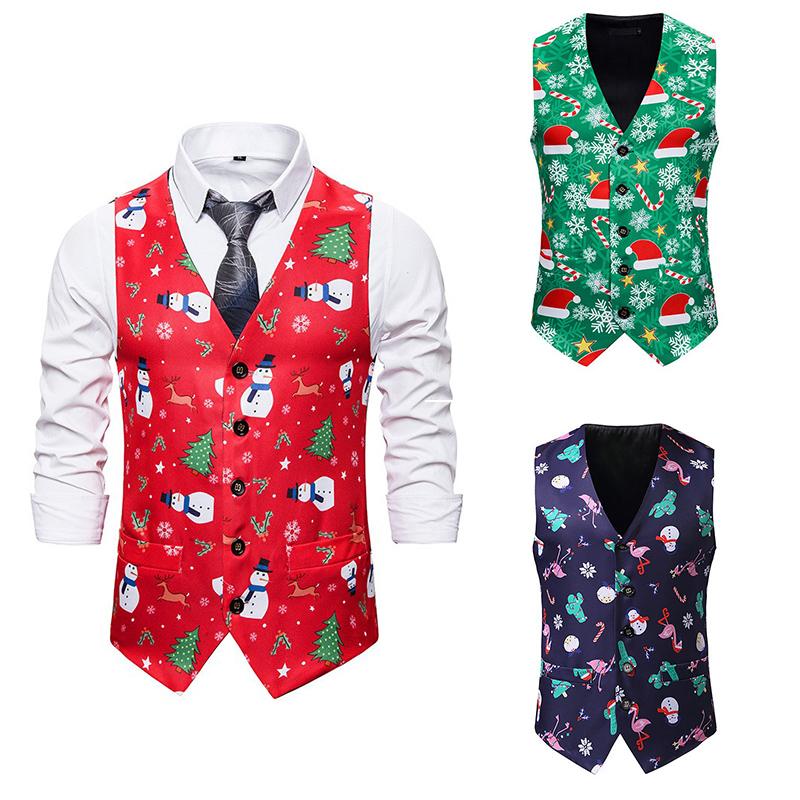

Men's Tank Tops Christmas Vest Red Green Navy Cute Snowman Tree Printing Party Prom Costume Vests Male Waistcoat PartywearMen's