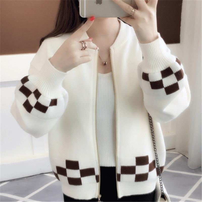 

Women's Knits & Tees Fashion Autumn O-Neck Long Sleeve Knit Women Zipper Cardigan Top Jacket Coat Korean 6 Color Plaid Knitted Sweater Femal, Black